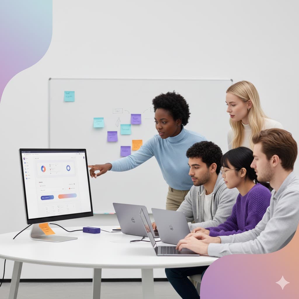 Diverse team of five people collaborating around a table, working on data visualizations and software development projects